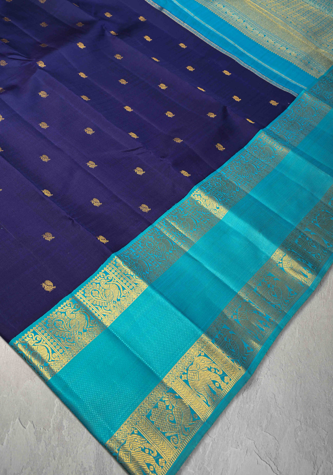 Korvai Dark Indigo Kanjivaram Pure Silk Saree with Zari Buttas and Contrast Rettaipet Border | SILK MARK CERTIFIED