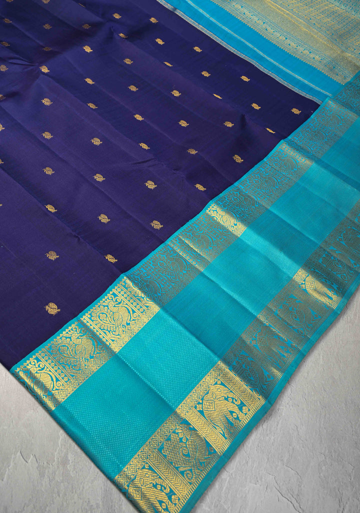 Korvai Dark Indigo Kanjivaram Pure Silk Saree with Zari Buttas and Contrast Rettaipet Border | SILK MARK CERTIFIED