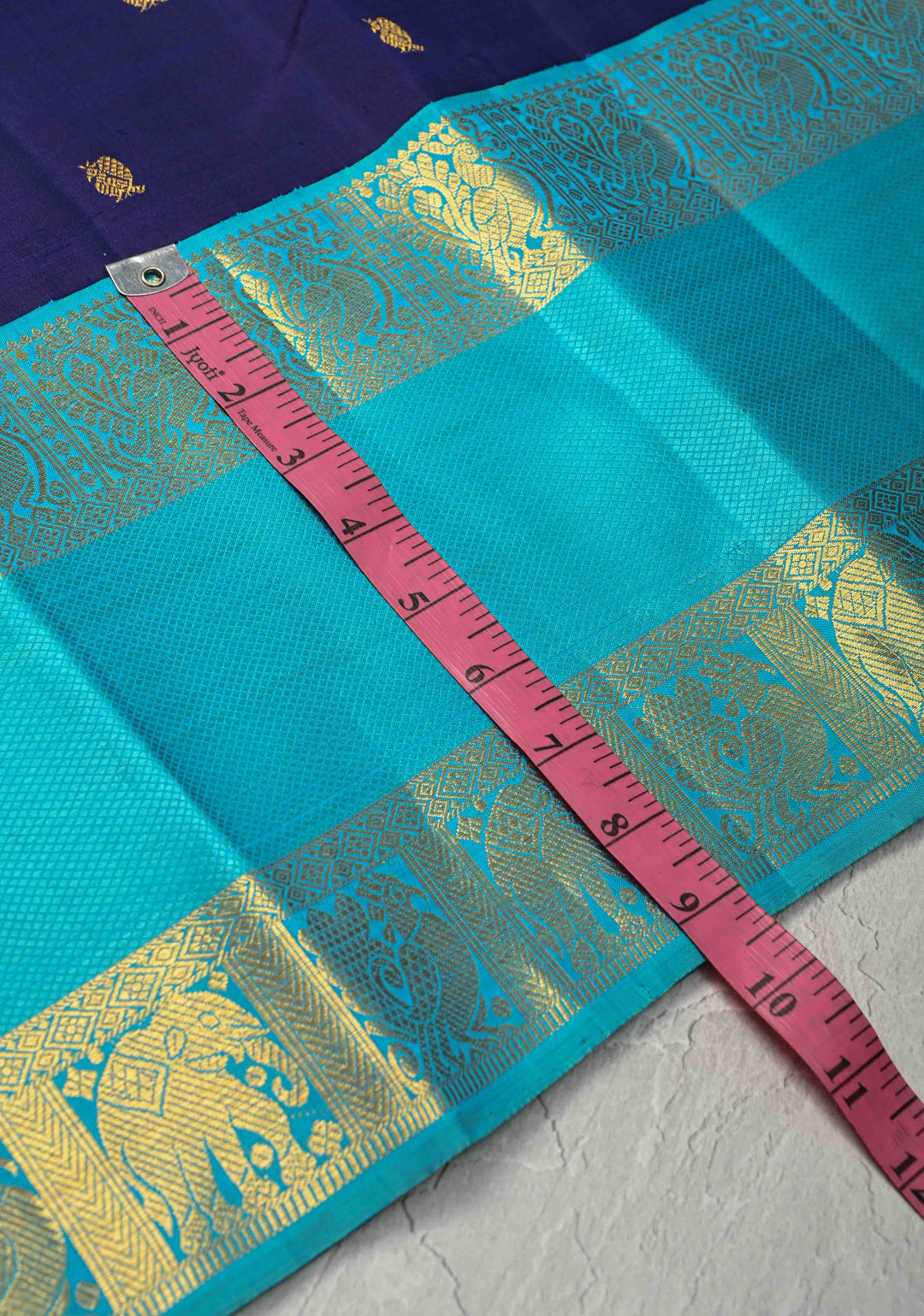 Korvai Dark Indigo Kanjivaram Pure Silk Saree with Zari Buttas and Contrast Rettaipet Border | SILK MARK CERTIFIED
