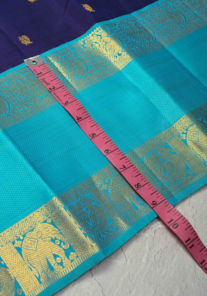 Korvai Dark Indigo Kanjivaram Pure Silk Saree with Zari Buttas and Contrast Rettaipet Border | SILK MARK CERTIFIED