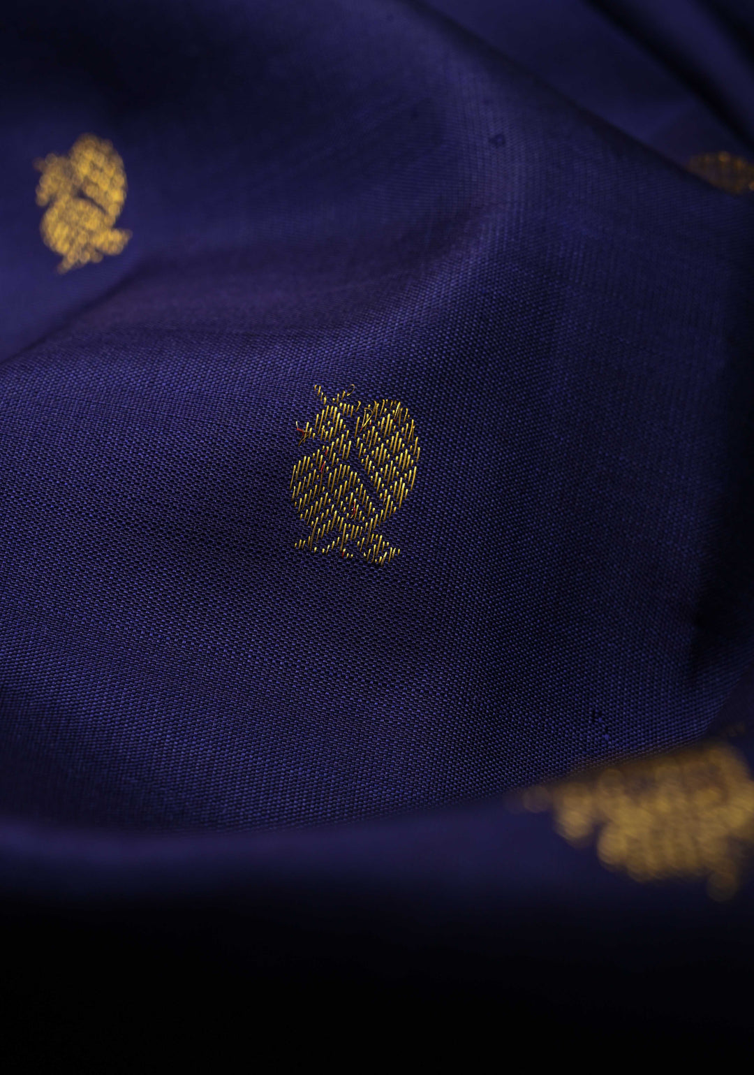 Korvai Dark Indigo Kanjivaram Pure Silk Saree with Zari Buttas and Contrast Rettaipet Border | SILK MARK CERTIFIED