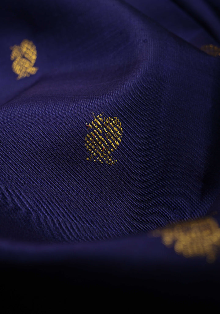Korvai Dark Indigo Kanjivaram Pure Silk Saree with Zari Buttas and Contrast Rettaipet Border | SILK MARK CERTIFIED