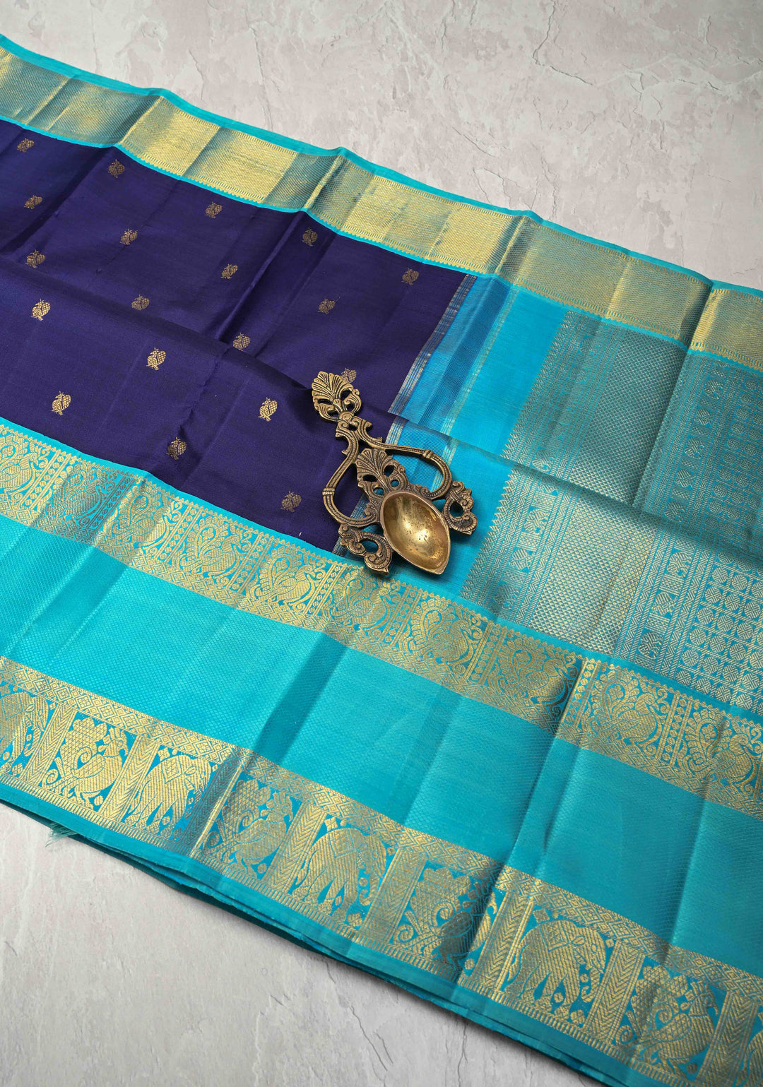 Korvai Dark Indigo Kanjivaram Pure Silk Saree with Zari Buttas and Contrast Rettaipet Border | SILK MARK CERTIFIED