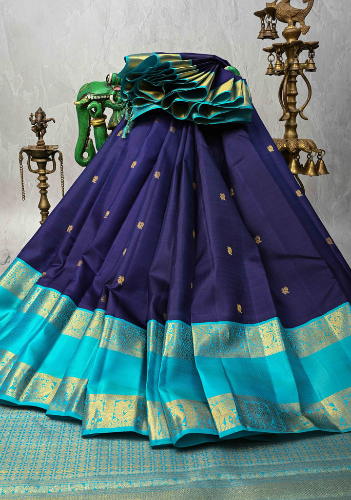 Korvai Dark Indigo Kanjivaram Pure Silk Saree with Zari Buttas and Contrast Rettaipet Border | SILK MARK CERTIFIED