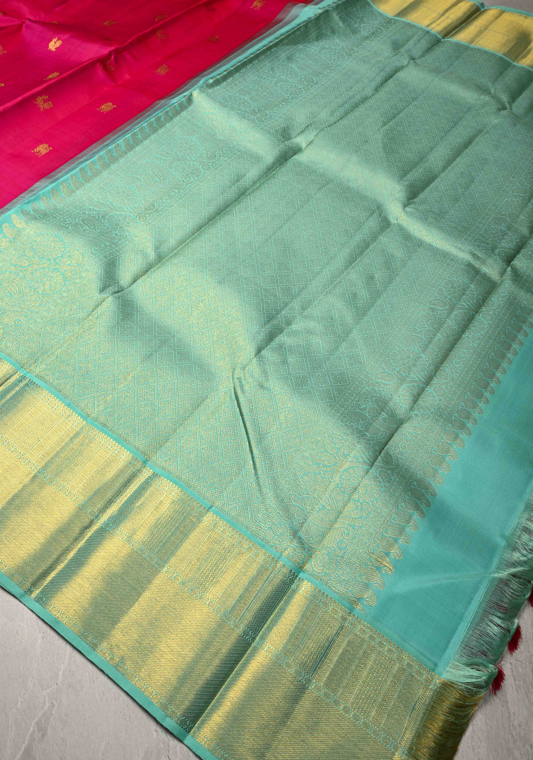 Rani Pink Korvai Kanjivaram Pure Silk Saree with Zari Buttas and Contrast Border | SILK MARK CERTIFIED