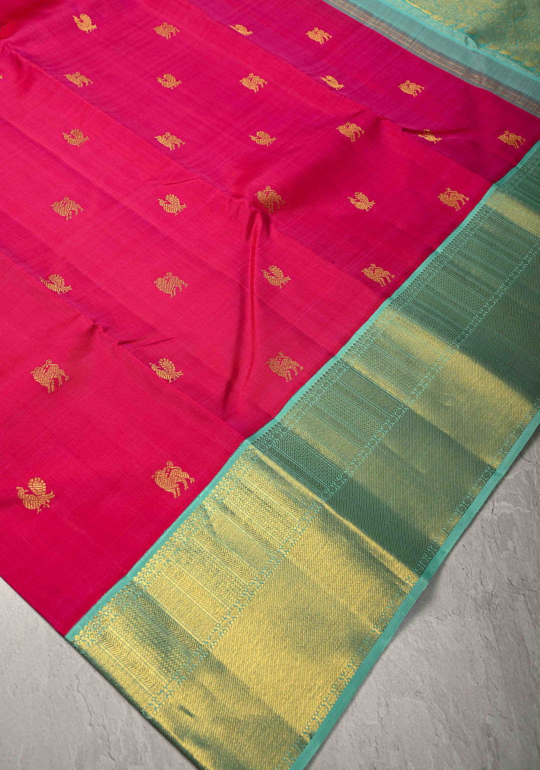 Rani Pink Korvai Kanjivaram Pure Silk Saree with Zari Buttas and Contrast Border | SILK MARK CERTIFIED