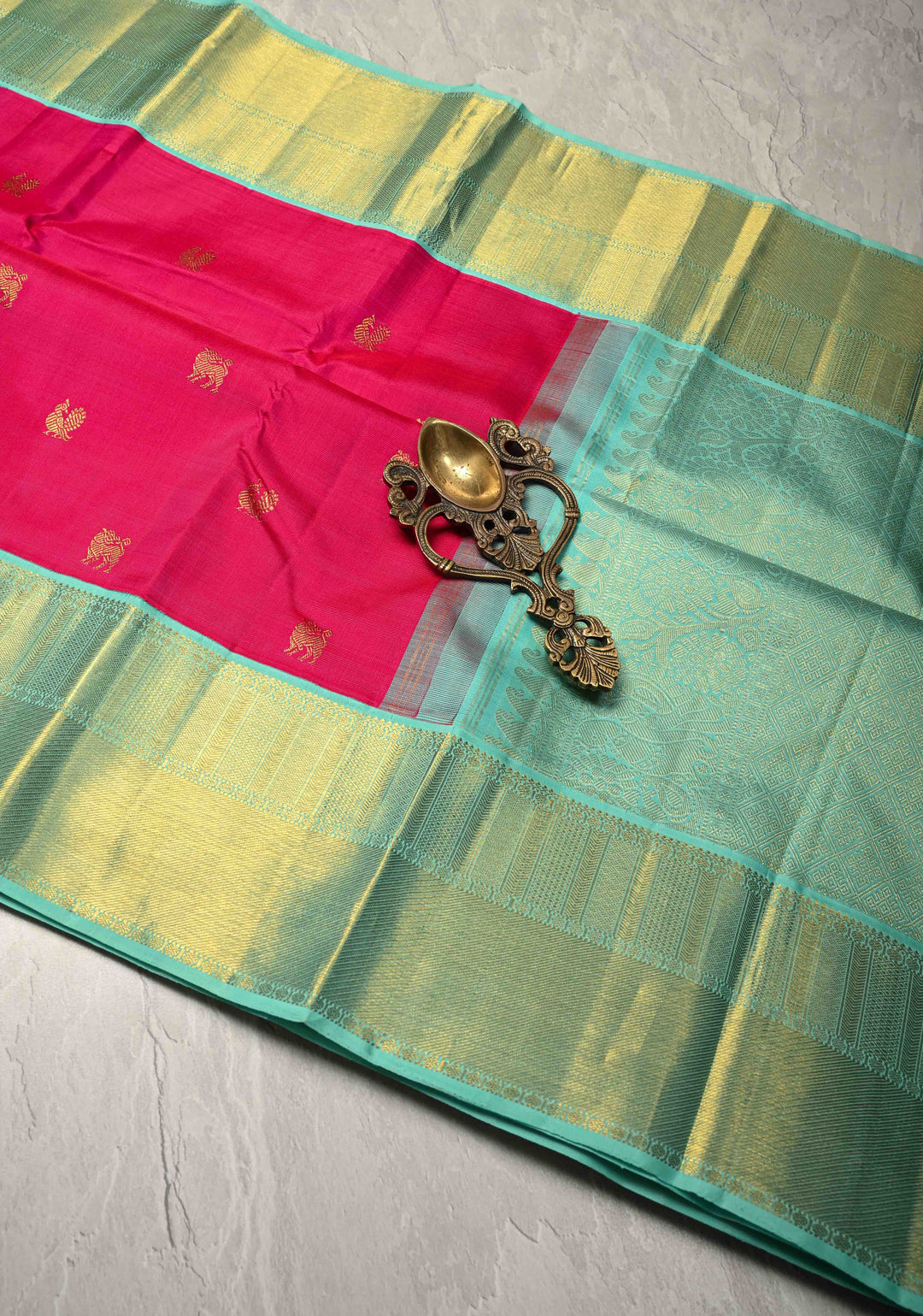 Rani Pink Korvai Kanjivaram Pure Silk Saree with Zari Buttas and Contrast Border | SILK MARK CERTIFIED