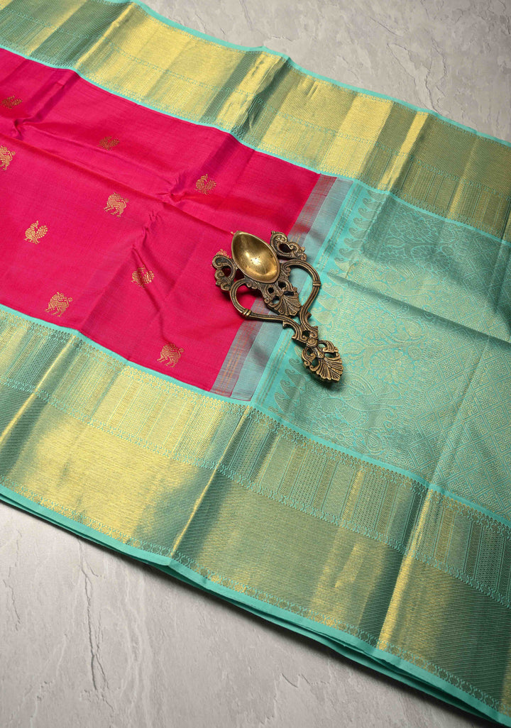 Rani Pink Korvai Kanjivaram Pure Silk Saree with Zari Buttas and Contrast Border | SILK MARK CERTIFIED