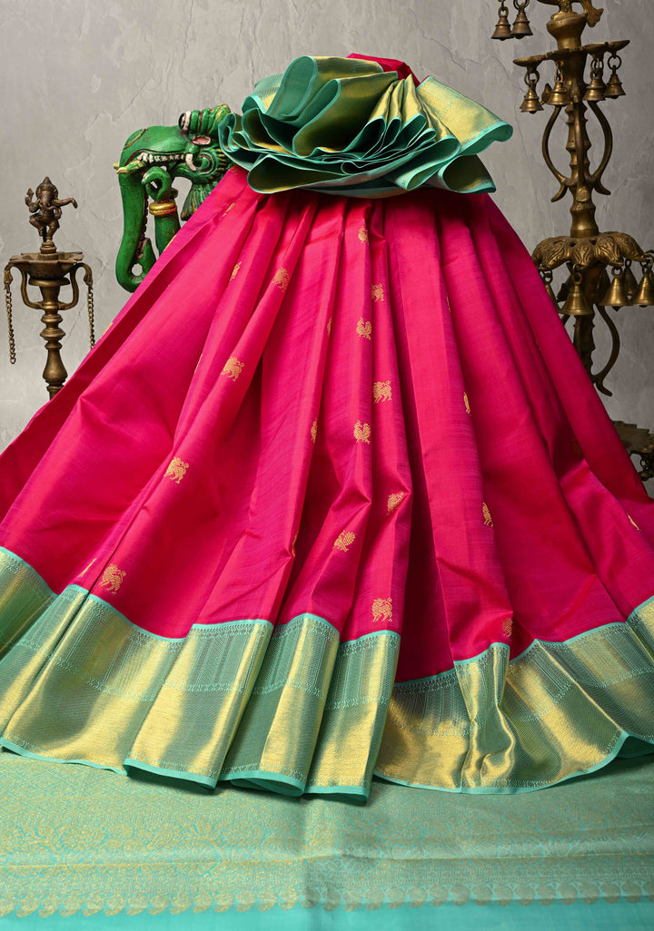 Rani Pink Korvai Kanjivaram Pure Silk Saree with Zari Buttas and Contrast Border | SILK MARK CERTIFIED