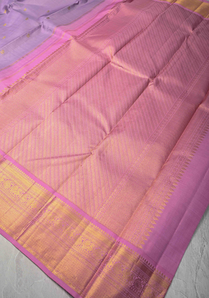 Vairaoosi Dusty Lilac Koravi Kanjivaram Pure Silk Handloom Saree with Vairaoosi Zari Stripes and Zari Border | SILK MARK CERTIFIED