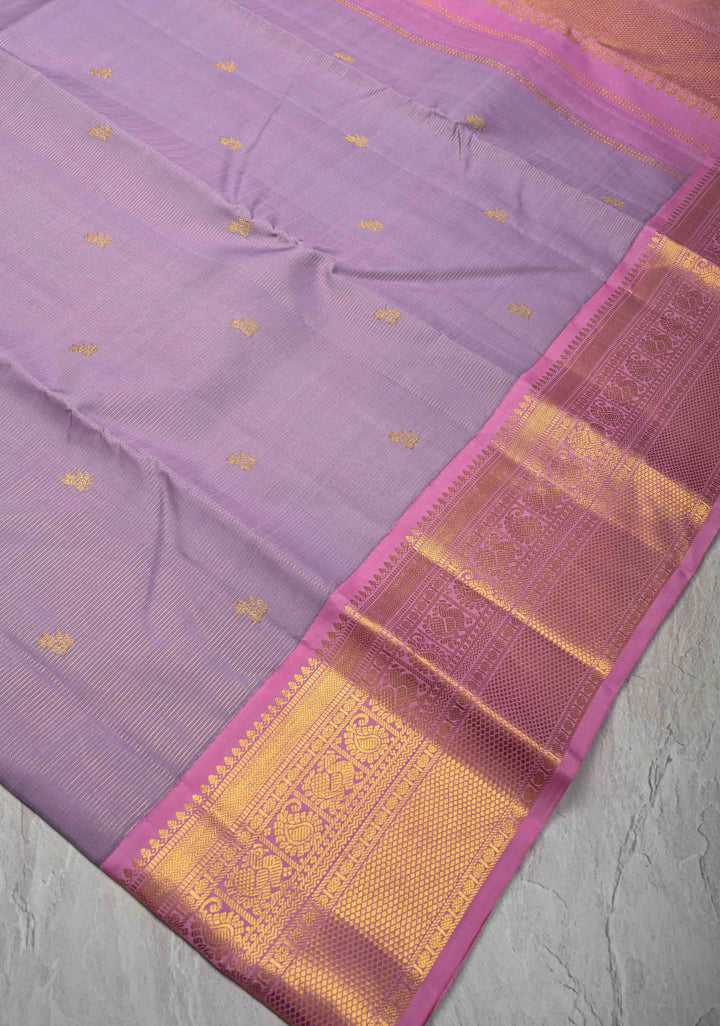 Vairaoosi Dusty Lilac Koravi Kanjivaram Pure Silk Handloom Saree with Vairaoosi Zari Stripes and Zari Border | SILK MARK CERTIFIED