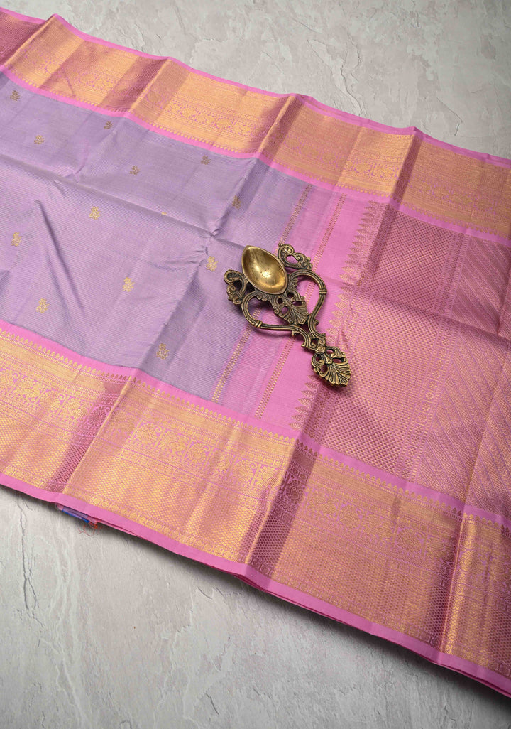 Vairaoosi Dusty Lilac Koravi Kanjivaram Pure Silk Handloom Saree with Vairaoosi Zari Stripes and Zari Border | SILK MARK CERTIFIED