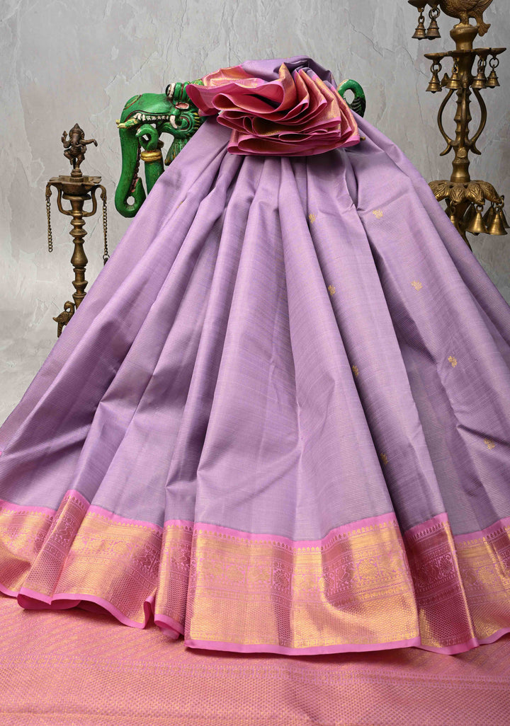Vairaoosi Dusty Lilac Koravi Kanjivaram Pure Silk Handloom Saree with Vairaoosi Zari Stripes and Zari Border | SILK MARK CERTIFIED