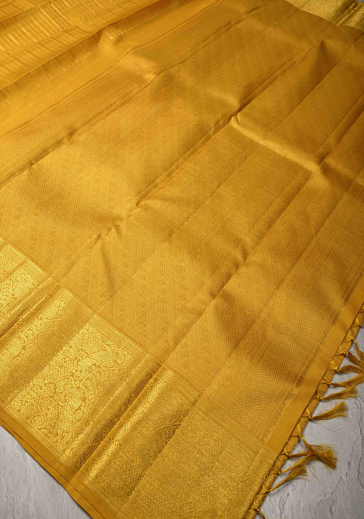 Mustard Yellow Kanjivaram Pure Silk Handloom Saree with Checks and Zari Border | SILK MARK CERTIFIED