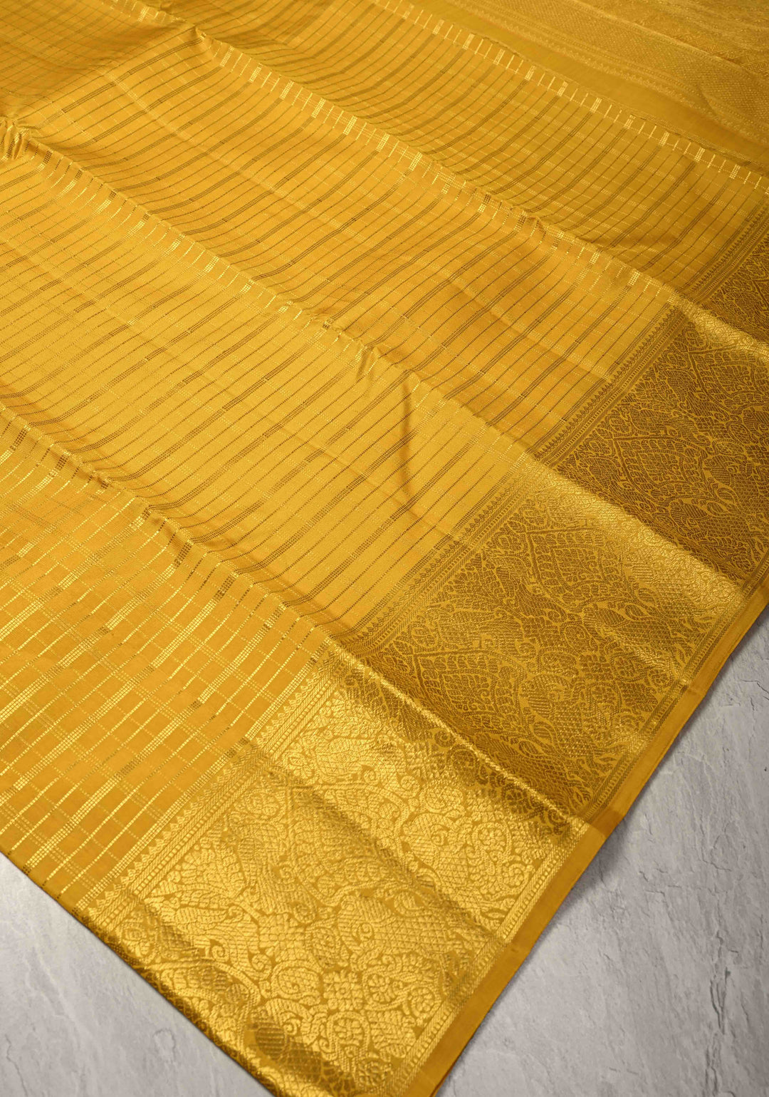 Mustard Yellow Kanjivaram Pure Silk Handloom Saree with Checks and Zari Border | SILK MARK CERTIFIED