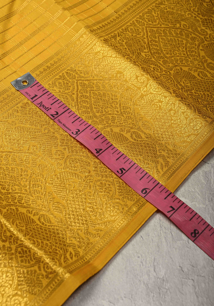 Mustard Yellow Kanjivaram Pure Silk Handloom Saree with Checks and Zari Border | SILK MARK CERTIFIED