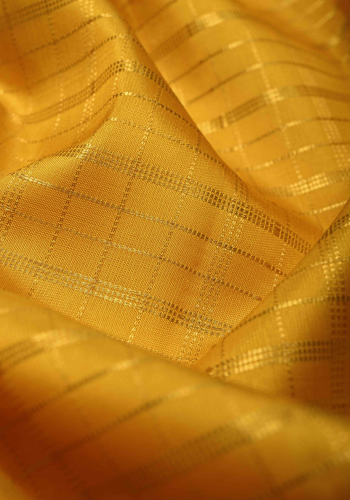 Mustard Yellow Kanjivaram Pure Silk Handloom Saree with Checks and Zari Border | SILK MARK CERTIFIED