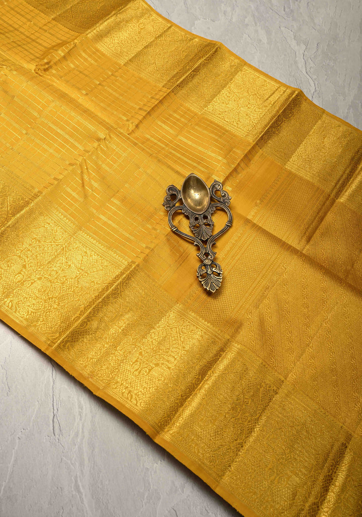 Mustard Yellow Kanjivaram Pure Silk Handloom Saree with Checks and Zari Border | SILK MARK CERTIFIED