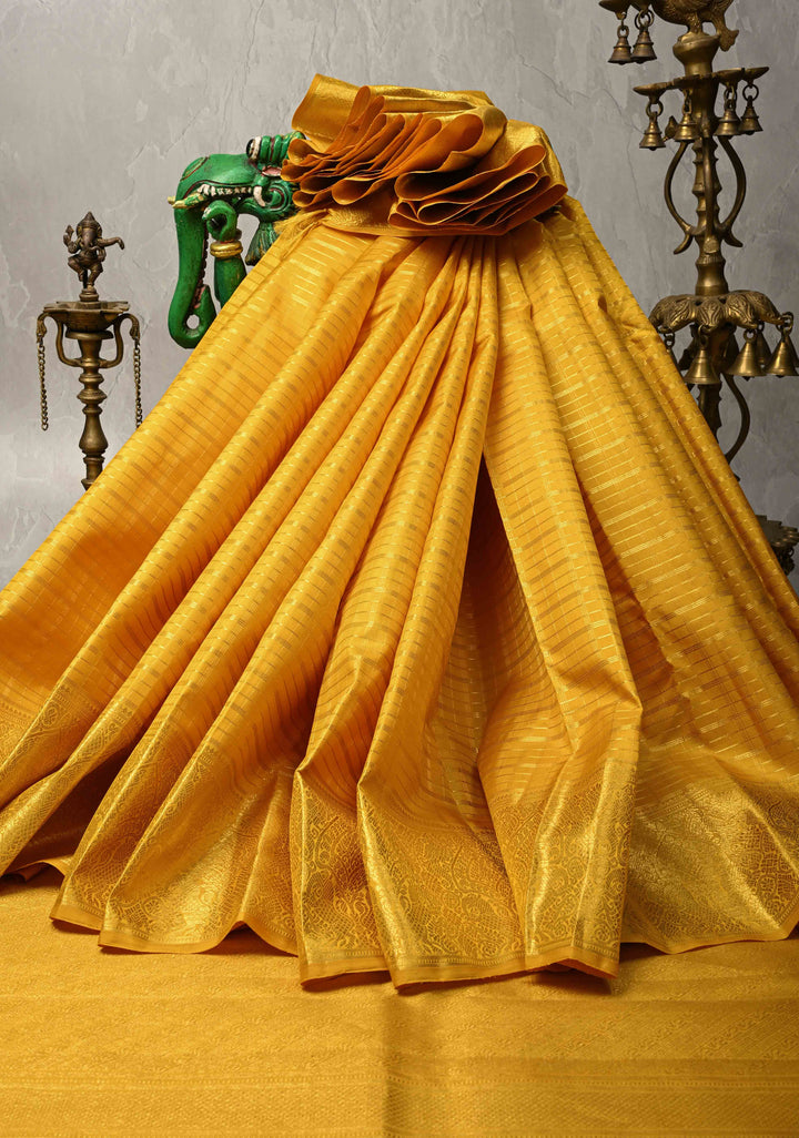 Mustard Yellow Kanjivaram Pure Silk Handloom Saree with Checks and Zari Border | SILK MARK CERTIFIED