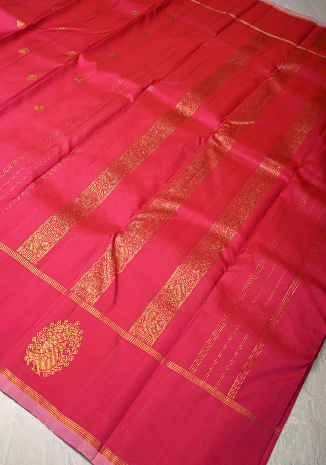 Coral Pink Kanjivaram Pure Silk Saree with Zari Buttas and Distinct Peacock Motifs on Border | SILK MARK CERTIFIED