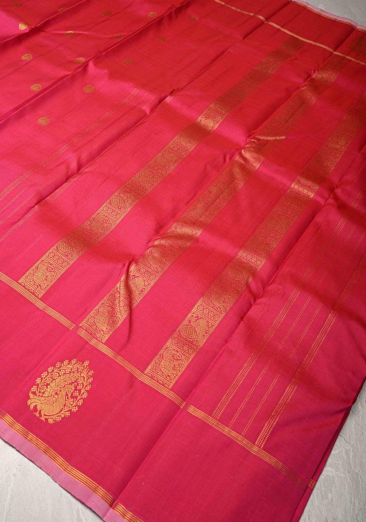 Coral Pink Kanjivaram Pure Silk Saree with Zari Buttas and Distinct Peacock Motifs on Border | SILK MARK CERTIFIED