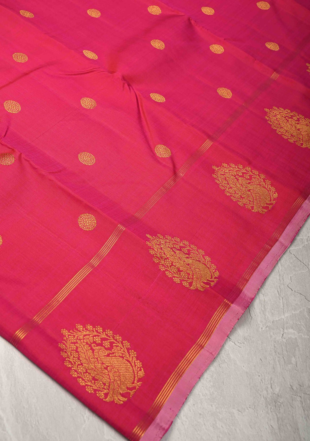 Coral Pink Kanjivaram Pure Silk Saree with Zari Buttas and Distinct Peacock Motifs on Border | SILK MARK CERTIFIED