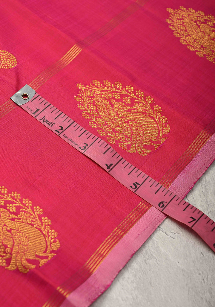 Coral Pink Kanjivaram Pure Silk Saree with Zari Buttas and Distinct Peacock Motifs on Border | SILK MARK CERTIFIED