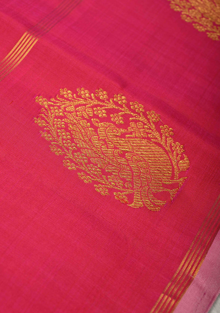 Coral Pink Kanjivaram Pure Silk Saree with Zari Buttas and Distinct Peacock Motifs on Border | SILK MARK CERTIFIED