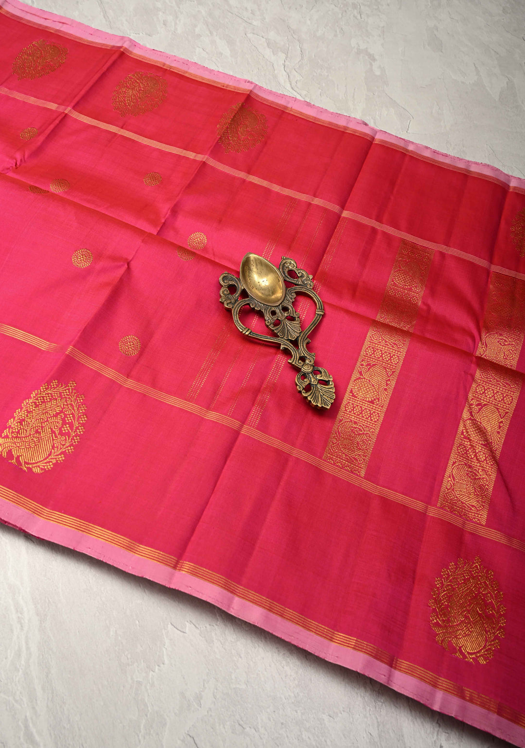 Coral Pink Kanjivaram Pure Silk Saree with Zari Buttas and Distinct Peacock Motifs on Border | SILK MARK CERTIFIED