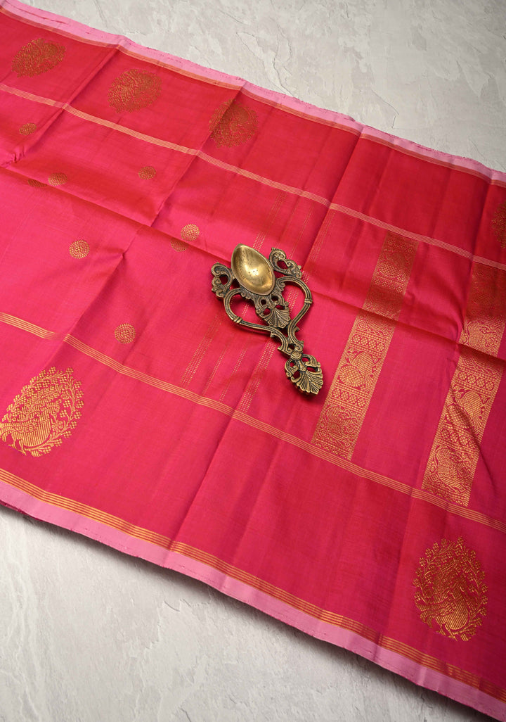 Coral Pink Kanjivaram Pure Silk Saree with Zari Buttas and Distinct Peacock Motifs on Border | SILK MARK CERTIFIED