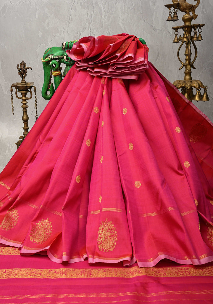 Coral Pink Kanjivaram Pure Silk Saree with Zari Buttas and Distinct Peacock Motifs on Border | SILK MARK CERTIFIED