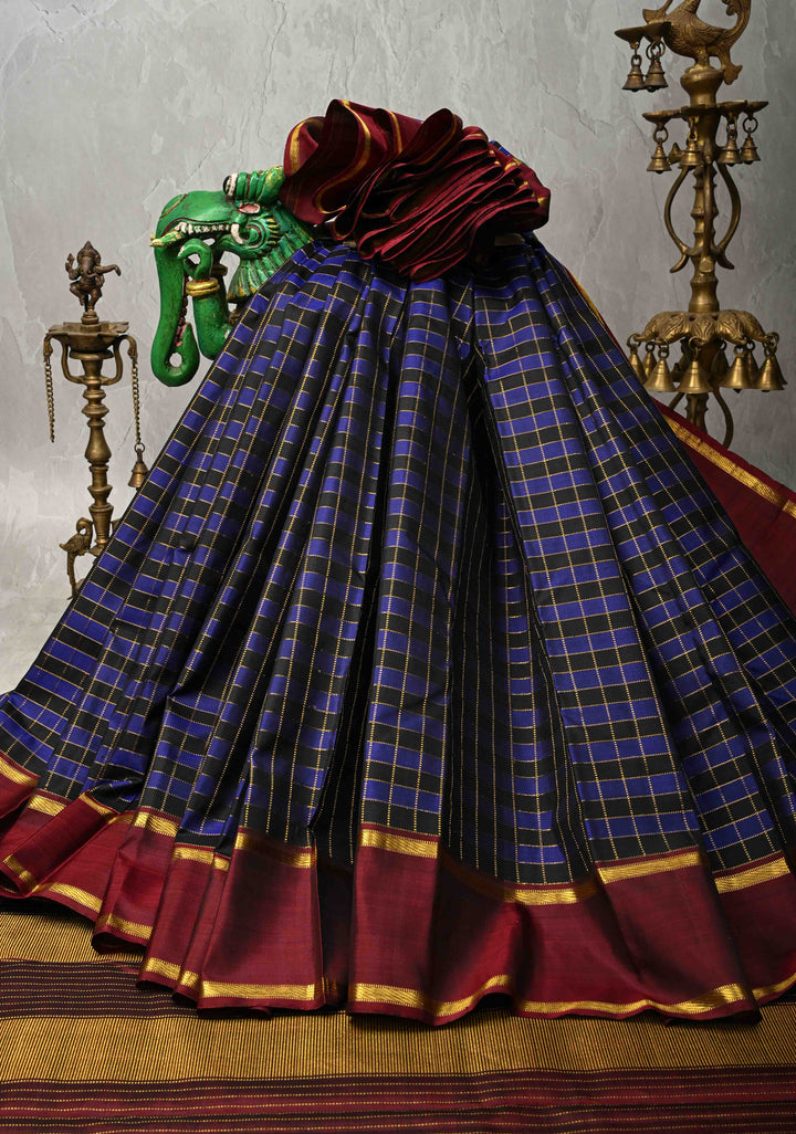 Purple-Betel Nut Brown Kanjivaram Pure Silk Saree with Zari Checks and Rettaipet  Border | SILK MARK CERTIFIED