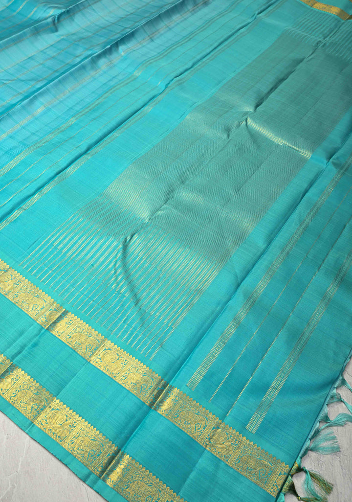 Cyan Kanjivaram Pure Silk Saree with Zari Stripes and Rettaipet Zari Border | SILK MARK CERTIFIED