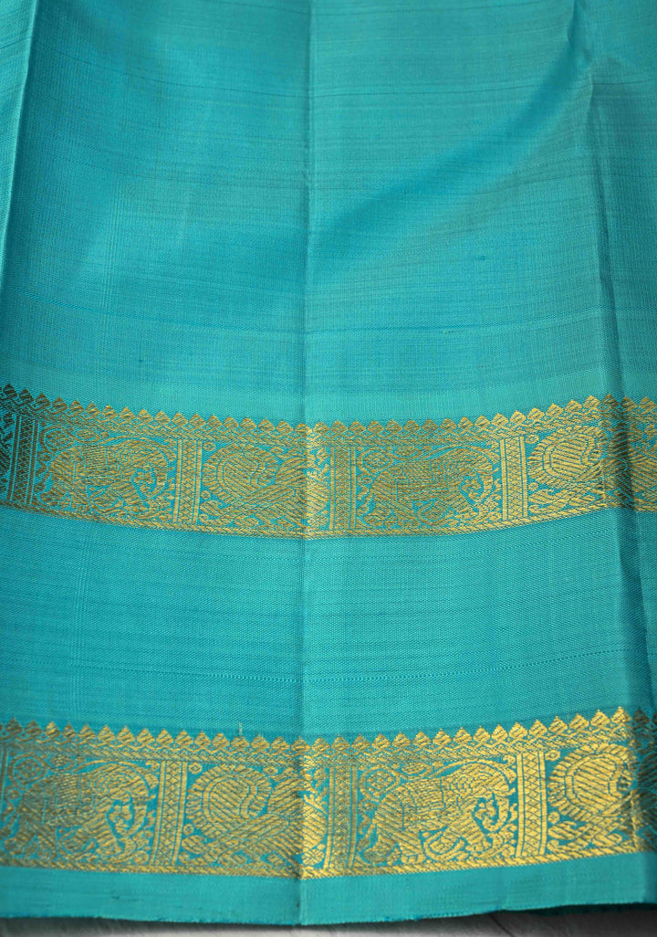 Cyan Kanjivaram Pure Silk Saree with Zari Stripes and Rettaipet Zari Border | SILK MARK CERTIFIED