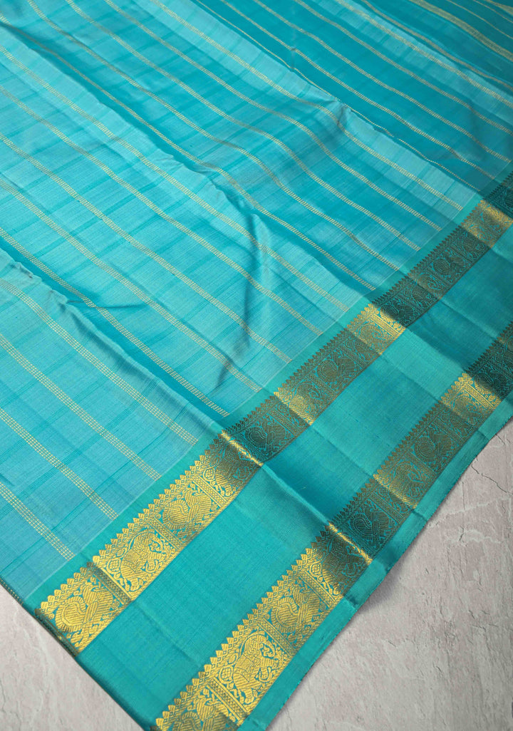 Cyan Kanjivaram Pure Silk Saree with Zari Stripes and Rettaipet Zari Border | SILK MARK CERTIFIED