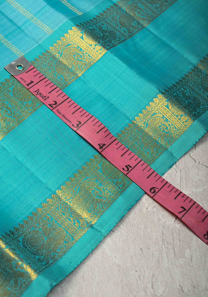 Cyan Kanjivaram Pure Silk Saree with Zari Stripes and Rettaipet Zari Border | SILK MARK CERTIFIED