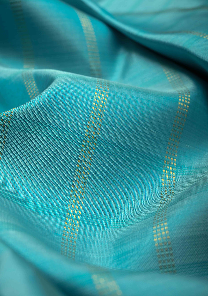 Cyan Kanjivaram Pure Silk Saree with Zari Stripes and Rettaipet Zari Border | SILK MARK CERTIFIED