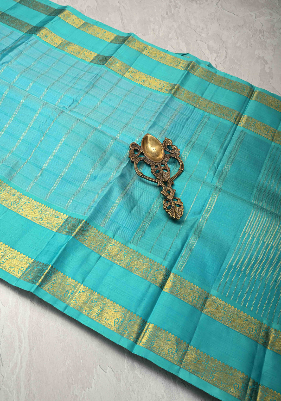 Cyan Kanjivaram Pure Silk Saree with Zari Stripes and Rettaipet Zari Border | SILK MARK CERTIFIED