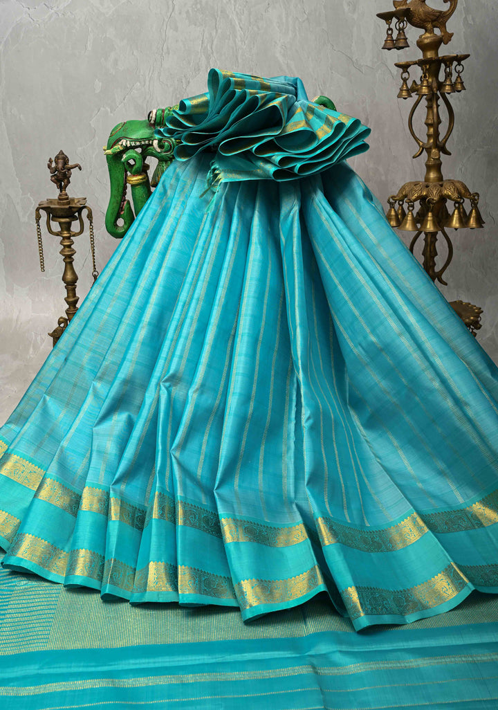 Cyan Kanjivaram Pure Silk Saree with Zari Stripes and Rettaipet Zari Border | SILK MARK CERTIFIED