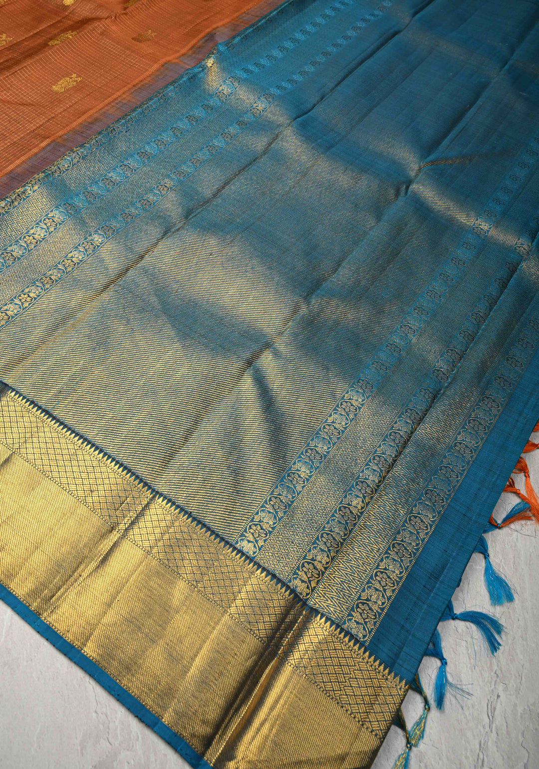 Heritage Podi Kattam Zari checks and Gandaberunda Buttas on Rust Brown Pure Silk Kanjivaram Saree with Panel Border | Silk Mark Certified