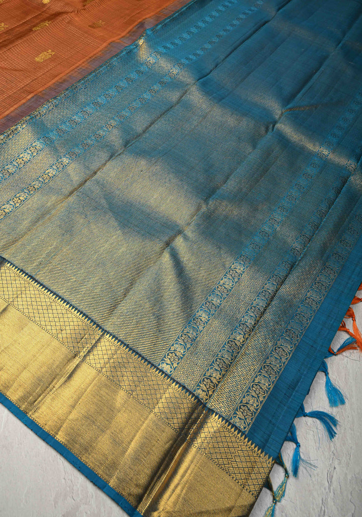 Heritage Podi Kattam Zari checks and Gandaberunda Buttas on Rust Brown Pure Silk Kanjivaram Saree with Panel Border | Silk Mark Certified