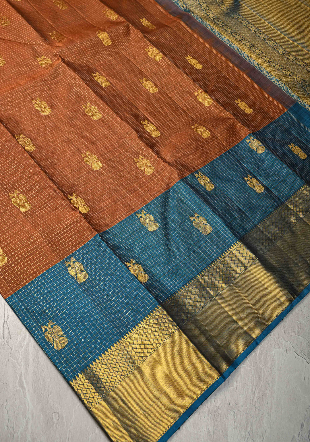 Heritage Podi Kattam Zari checks and Gandaberunda Buttas on Rust Brown Pure Silk Kanjivaram Saree with Panel Border | Silk Mark Certified