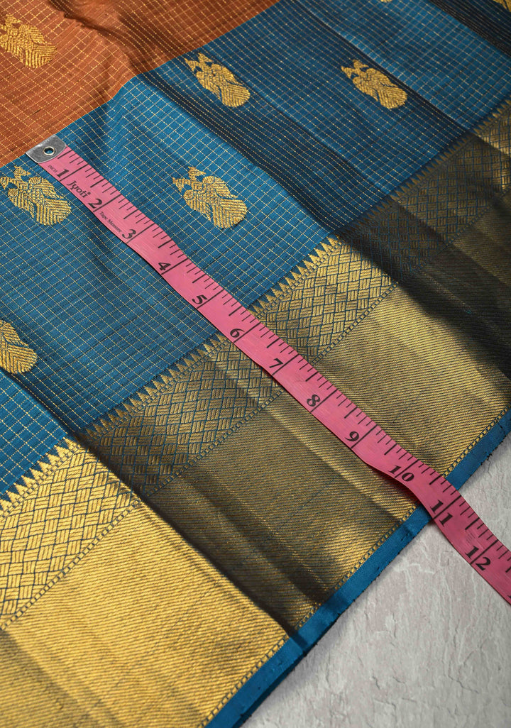 Heritage Podi Kattam Zari checks and Gandaberunda Buttas on Rust Brown Pure Silk Kanjivaram Saree with Panel Border | Silk Mark Certified