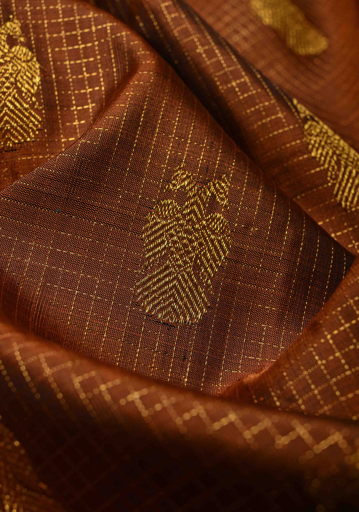 Heritage Podi Kattam Zari checks and Gandaberunda Buttas on Rust Brown Pure Silk Kanjivaram Saree with Panel Border | Silk Mark Certified