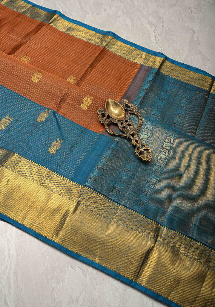 Heritage Podi Kattam Zari checks and Gandaberunda Buttas on Rust Brown Pure Silk Kanjivaram Saree with Panel Border | Silk Mark Certified