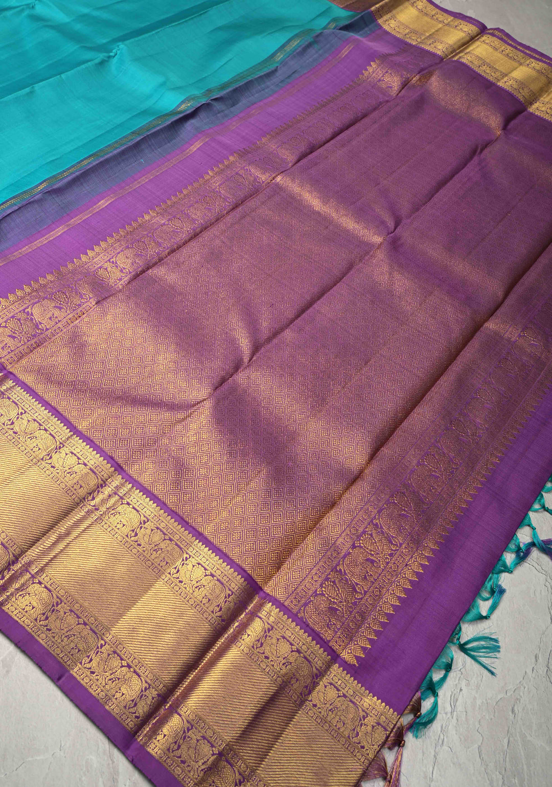 Ananda Blue Korvai Kanjivaram Pure Silk Saree with Zari Buttas and Contrast Lavender Border | SILK MARK CERTIFIED
