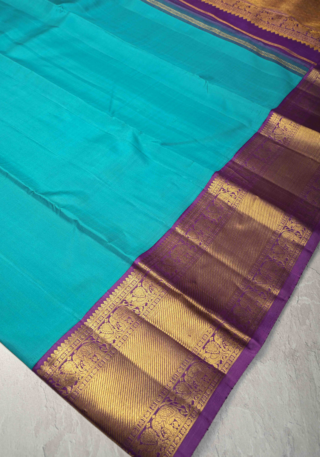 Ananda Blue Korvai Kanjivaram Pure Silk Saree with Zari Buttas and Contrast Lavender Border | SILK MARK CERTIFIED