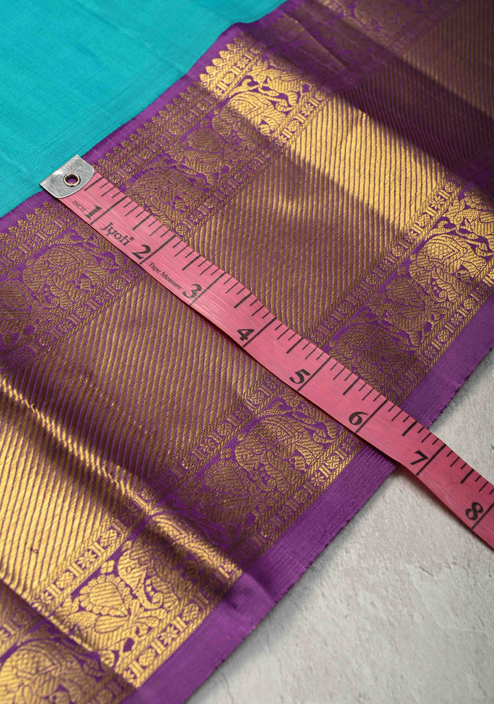Ananda Blue Korvai Kanjivaram Pure Silk Saree with Zari Buttas and Contrast Lavender Border | SILK MARK CERTIFIED