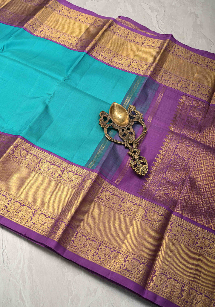 Ananda Blue Korvai Kanjivaram Pure Silk Saree with Zari Buttas and Contrast Lavender Border | SILK MARK CERTIFIED