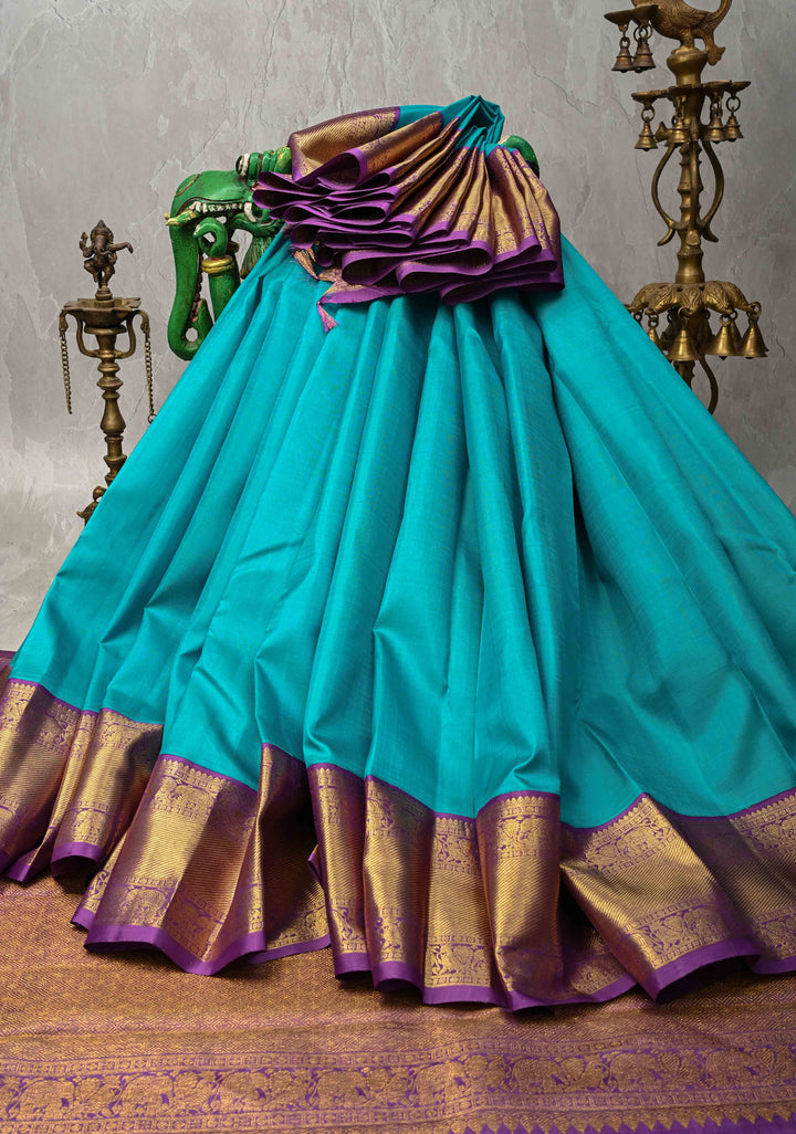 Ananda Blue Korvai Kanjivaram Pure Silk Saree with Zari Buttas and Contrast Lavender Border | SILK MARK CERTIFIED